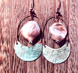 Copper Patina & Pearl Earrings ~