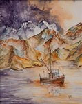 934-Txs (Boat & Mountians) Giclee 8X10 Jen Depesa Art