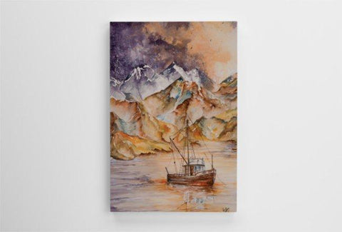 934-Txs (Boat & Mountians) Canvas 8X12 Jen Depesa Art